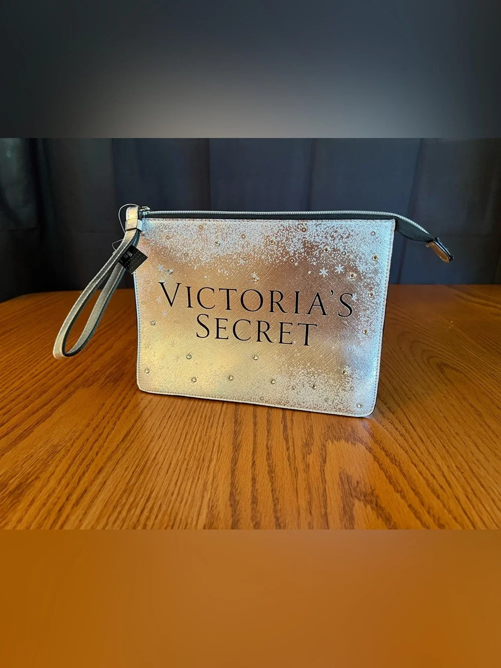 Victoria's Secret Iridescent Silver Cosmetic Pouch with Stud Accents